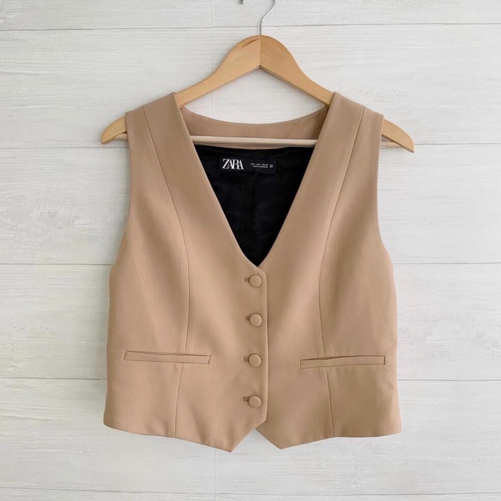 Zara Tailored Taupe Button-Front Vest Large Womens Khaki Vest